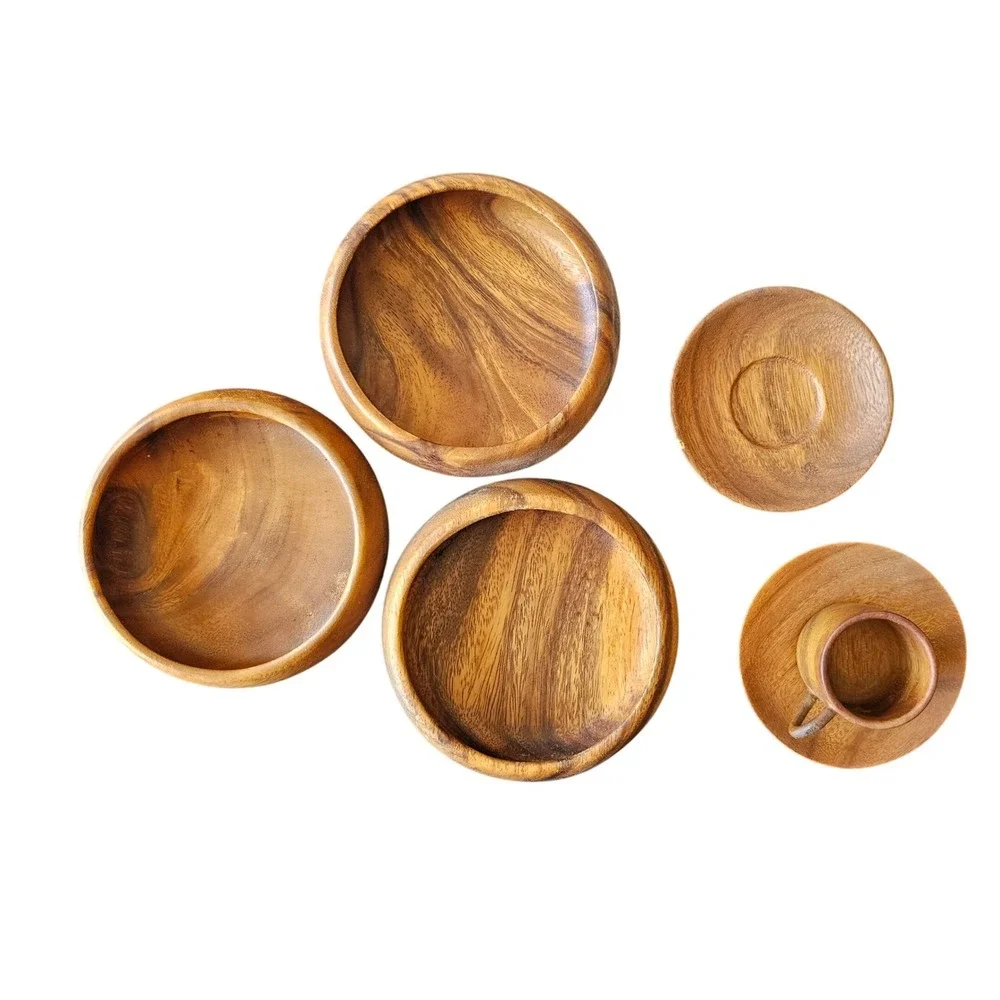 Vintage Monkeypod Wood 6 Piece Set Bowls Saucers Mug Philippines Handcrafted MCM
